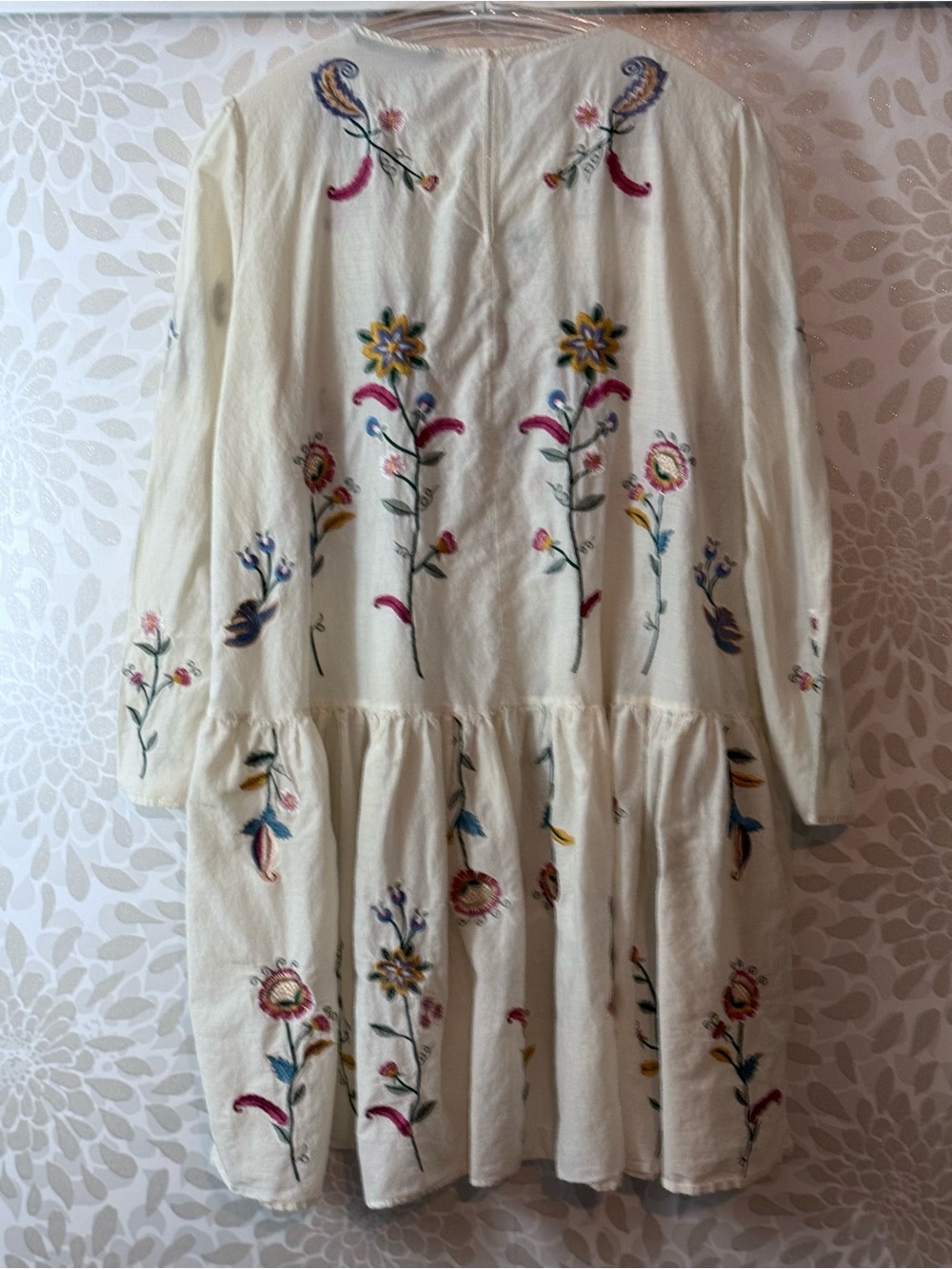 Zara Women’s L Ivory Boho Flower Embroidered Babydoll Long Sleeve Short Dress - Picture 2 of 7